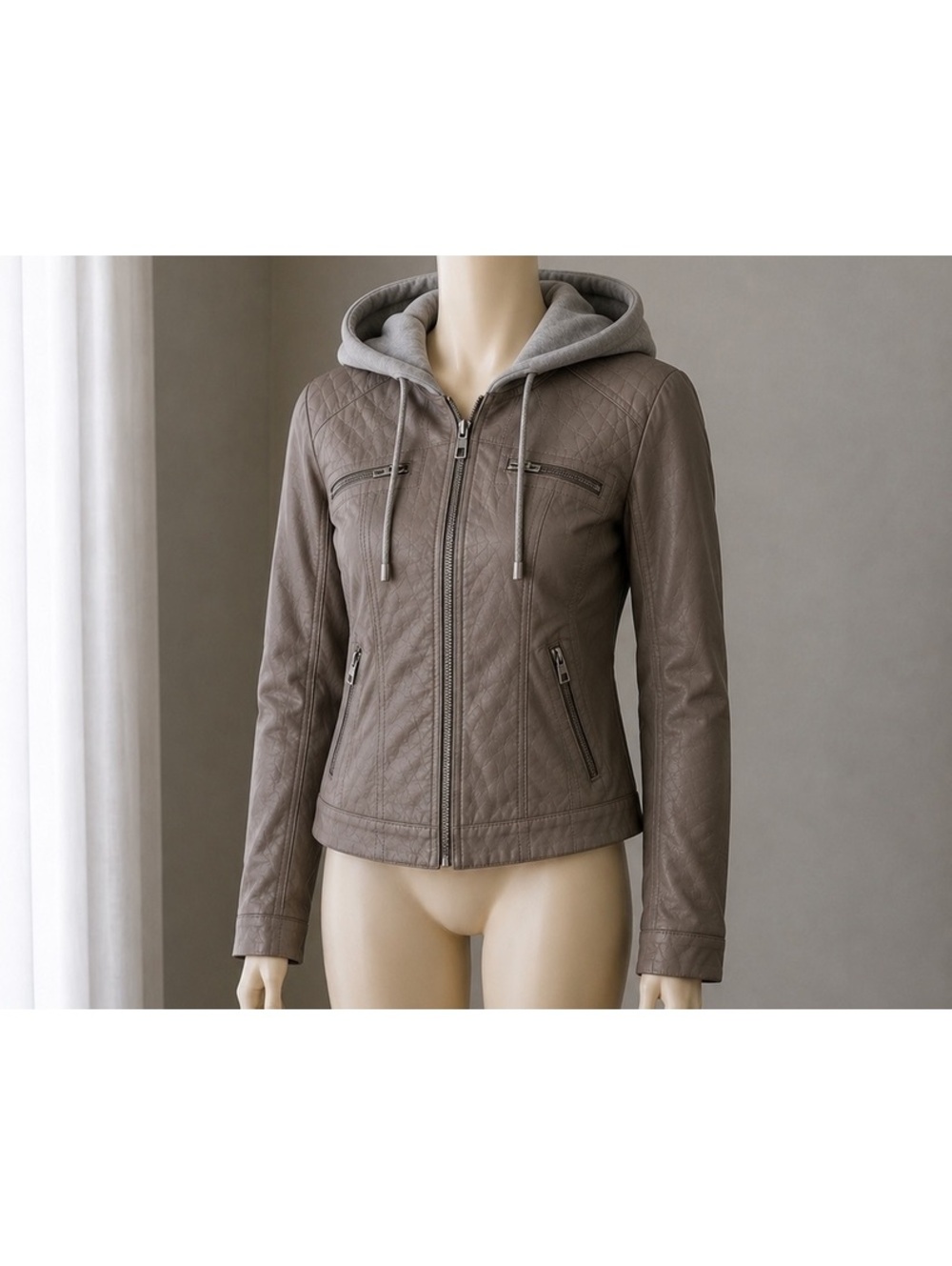 J2 Juniors XL Gray Faux Leather Moto Jacket Removable Hood Faux Fur Lined Coat